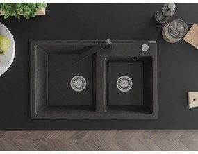 Mexen Tomas, granitový drez 800x500x190 mm, 2-komorový a čierna batéria Rita, čierna škvrnitá, 6516-76-670300-70