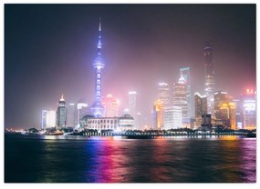 Sklenený obraz nočného Šanghaja (70x50 cm)