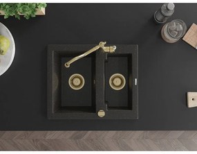 Mexen Carlos, granitový drez 582x475x177 mm, 1,5-komorový a drezová batéria Carla, čierna-zlatá metalíza, 6518-75-670700-50