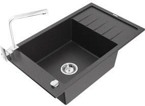 Mexen Elias, granitový drez granitový 795x480x200 mm, 1-komorový, čierna škvrnitá s chrómovým sifónom a chrómová drezová batéria Rita, 6511-76-670300-00