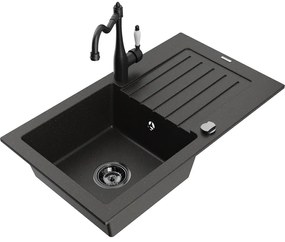 Mexen Pablo, granitový drez 752x436x161 mm, 1-komorový a drezová batéria Carla, čierna-zlatá metalíza, 6510-75-670700-70-B