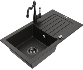 Mexen Pablo, granitový drez 752x436x161 mm, 1-komorový a drezová batéria Carla, čierna-zlatá metalíza, 6510-75-670700-70-B