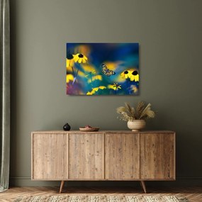 Sklenený obraz - Žltý motýľ s kvetmi (70x50 cm)