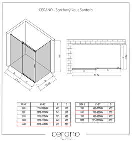 Cerano Santoro, sprchovací kút s posuvnými dverami 140(dvere) x 80(stena) x 195 cm, 6mm šedé sklo, čierny profil, CER-CER-425497