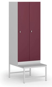 Šatníková skrinka S1 s lavičkou, 2 oddiely, 1875 x 600 x 500/800 mm, demont, otočný zámok, červené dvere