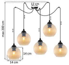 Závesné svietidlo Riffle Round Spider, 5x medové sklenené tienidlo