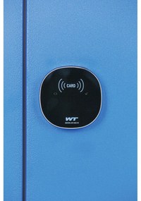 Šatníková skrinka znížená, 2 oddiely, 1500 x 600 x 500 mm, zámok s čítačkou RFID kariet, modré dvere