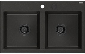 Mexen Hektor, 2-komorový granitový drez 800x480x205 mm, čierna-zlatá metalíza, grafitový sifón, 6521802000-75-B