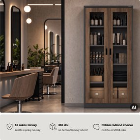 Kovová skriňa s vitrínou antracitová, orech, 900x1850x400 mm: AMELIA Eco Design