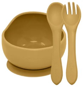 Set jedálenský silikónový TAKE&MATCH 2 ks miska + príbor Intense Ochre 6m+