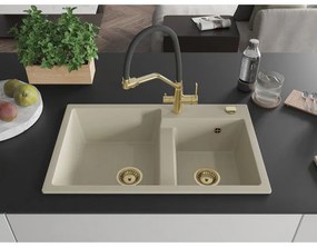 Mexen Tomas, 2-komorový granitový drez 800x500x190 mm  a kuchynská batéria Duo, béžová, 6516-69-671701-57-G