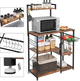 Policový kuchynský stojan, regál s drôteným košom, rustikálny hnedý