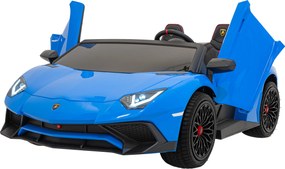 Ramiz Lamborghini Aventador SV na batérie pre 2 deti Modrá + Bezkartáčový motor + Nafukovacie kolesá + LED audio