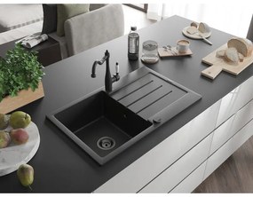 Mexen Bruno, granitový drez 795x495x200 mm, 1-komorový a drezová batéria Carla, čierna, 6513-77-670700-70-B