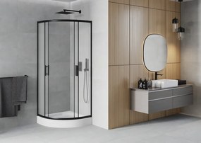Mexen Rio, štvrťkruhový sprchovací kút s posuvnými dverami 80(dvere) x 80(dvere) x 190 cm, 6mm sklo námraza, čierny profil + biela sprchová vanička RIO, 863-080-080-70-30-4710