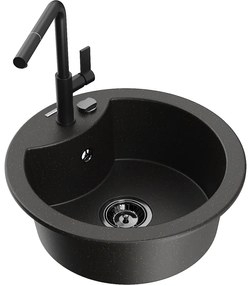 Mexen Diego, 1-komorový granitový drez 488x488x167 mm a drezová batéria Flora, čierna-zlatá metalíza, 6512-75-670401-70-B