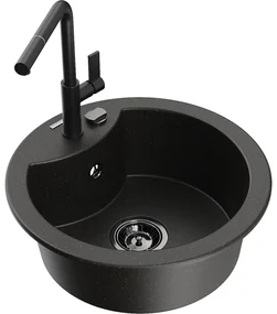 Mexen Diego, 1-komorový granitový drez 488x488x167 mm a drezová batéria Flora, čierna-zlatá metalíza, 6512-75-670401-70-B