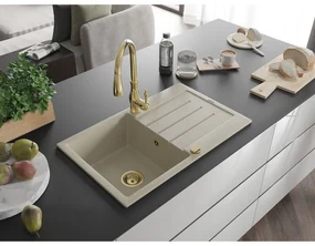 Mexen Bruno, 1-komorový granitový drez 795x495x200 mm a drezová batéria Savita, béžová, 6513-69-672601-50