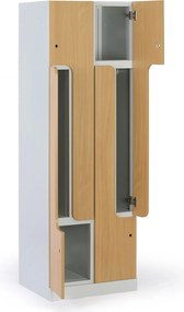 Kovová šatníková skrinka S1 Z, 4 oddiely, 1850 x 600 x 500 mm, otočný zámok, laminované dvere, breza