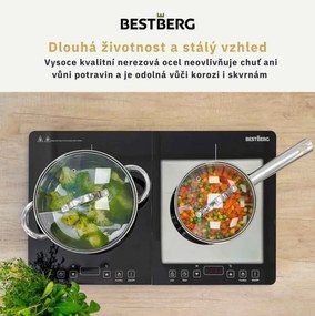 MEGAKOMBO BestBerg BBR-2000S multifunkčný kuchynský robot s nástavcami na cestoviny + 15-dielna sada hrncov a panvíc s nepriľnavým povrchom z nehrdzavejúcej ocele BestBerg BBSC-15 / strieborná