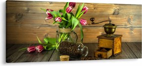 Obraz - tulipány, mlynček a káva (120x50 cm)