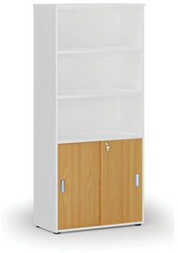 Kombinovaná kancelárska skriňa PRIMO WHITE, zasúvacie dvere na 2 poschodia, 1781 x 800 x 420 mm, biela/buk