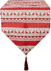 Červený behúň so strapcom a jeleňmi Christmas Rustic - 33*180 cm