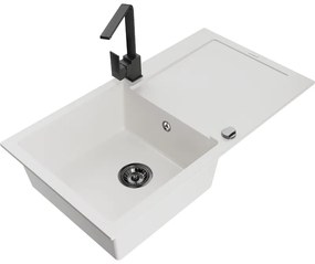 Mexen Leo, drez granitový 900x500x190 mm, 1-komorový, biely s čiernym sifónom a čierna drezová batéria Rita, 6501-20-670300-70