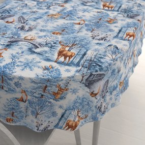 Biante Bavlnený oválny obrus Sandra SA-674 Lesné zvieratá v zimnom lese na modrom 50x100 cm