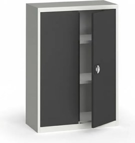 Plechová policová skriňa na náradie KOVONA, 1150 x 800 x 400 mm, 2 police, sivá/tmavo sivá