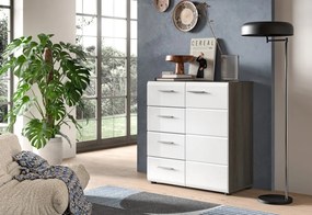 Komoda so zásuvkami Salsa, 80 cm, šedý dub/biela lesk
