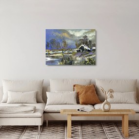 Sklenený obraz chalúpky v zimnej krajine, olejomaľba (70x50 cm)