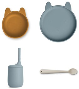 LIEWOOD Silikónový jedálenský set Rabbit/Whale blue multi mix – set 4 ks