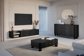 Závesná TV skrinka Vesper 3D 187 cm na sokli - čierna / zlaté úchytky