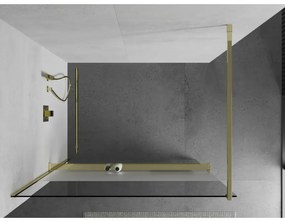 Mexen Kioto+, sprchová zástena s poličkou a držiakom na uteráky 90 x 200 cm, 8mm číre sklo vzor námraza, zlatý profil, 800-090-121-50-35