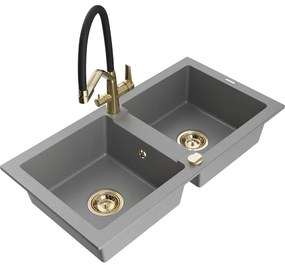 Mexen Mario, granitový drez 820x436x161 mm, 2-komorový a drezová batéria Duo, šedá, 6504-71-671701-57-G