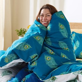 Biele/zelenomodré bavlnené obliečky na jednolôžko 135x200 cm Peacock Feather – Their Nibs