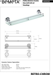 Bemeta Design RETRO chróm: Polička, 600 mm, s hrazdou, sklo - 144302262