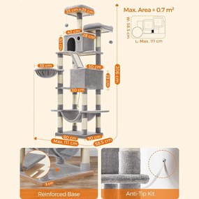 Mačací strom, škrabadlo pre mačky, výška 206 cm, svetlosivá farba