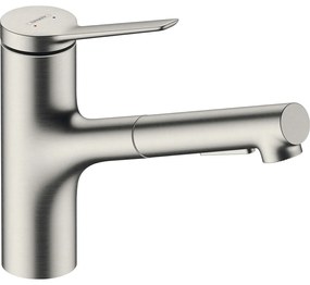 HANSGROHE Zesis M33 páková drezová batéria s vyťažiteľnou sprškou s prepínaním, 2jet, sBox, výška výtoku 146 mm, vzhľad nerezovej ocele, 74821800