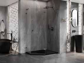 Mexen Lunar, L pravý výklopný päťuholníkový sprchový kút 90 x 80 cm, 8mm číre sklo, grafitový profil, 831L-090P-080L-95-00-P