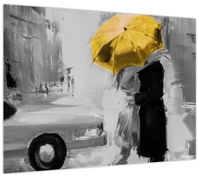 Obraz - Zamilovaný pár pod dáždnikom, žltý (70x50 cm)