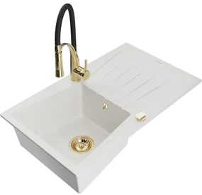 Mexen Cesar, 1-komorový granitový drez 775x470x190 mm a drezová batéria Aster, biela, 6514-20-73450-57-G