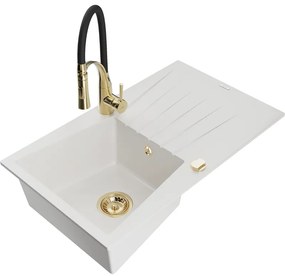 Mexen Cesar, 1-komorový granitový drez 775x470x190 mm a drezová batéria Aster, biela, 6514-20-73450-57-G