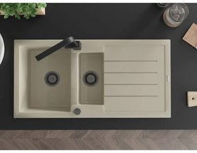 Mexen Andres, granitový drez 1000x500x200 mm, 1,5-komorový, béžová s čiernym sifónom a čierna drezová batéria Rita, 6515-69-670300-70