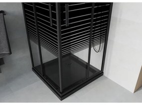 Mexen Rio, štvorcový sprchovací kút s posuvnými dverami 90(dvere) x 90(dvere) x 190 cm, 6mm číre sklo s pásikmi, čierny profil + čierna sprchová vanička SLIM, 860-090-090-70-20-4070B