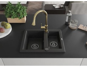 Mexen Carlos, 1,5-komorový granitový drez 582x475x177 mm a drezová batéria Elia, čierna, 6518-77-670101-50-B