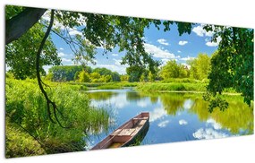 Obraz letné rieky s loďkou (120x50 cm)