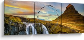 Obraz hory a vodopádov na Islande (s hodinami) (90x30 cm)