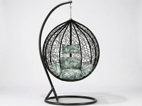 Čierne závesné kreslo KOKON so stojanom, zeleno-biely vankúš